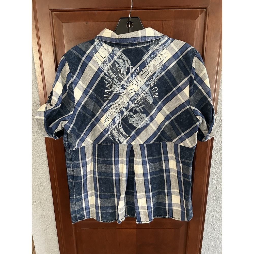 Harley Davidson Shirt Mens M Medium Gray Cotton Plaid Short Sleeve Motorcycle